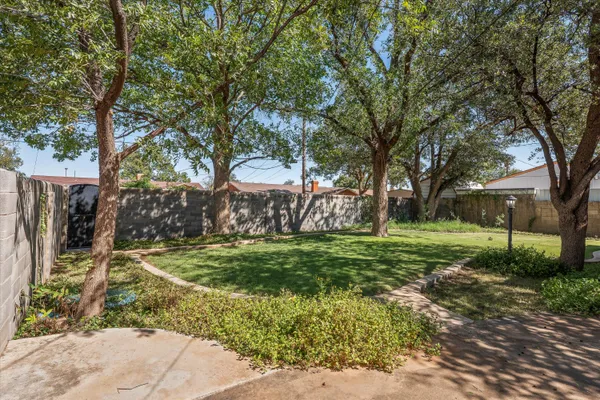 a view of a backyard with large trees