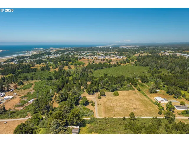 an aerial view of residential houses with outdoor space and ocean view