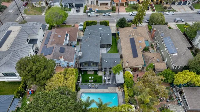 a view of a city with large trees