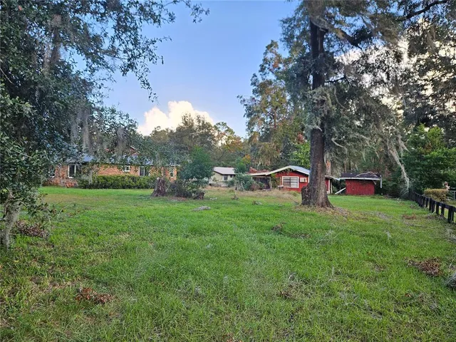 a view of a house with a yard and large tree