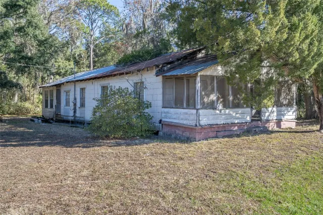 a view of a backyard with a tree