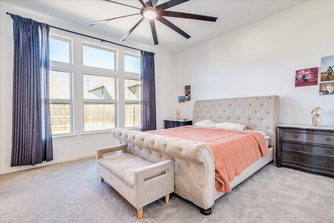 409 Durian Loop Buda, TX 78610 - Photo 12 of 30 Bedroom with light carpet and a ceiling fan