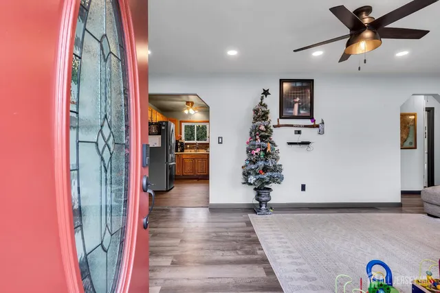 a living room with furniture and a potted plant
