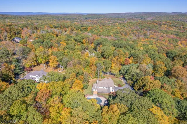 an aerial view of a house with a yard and garden