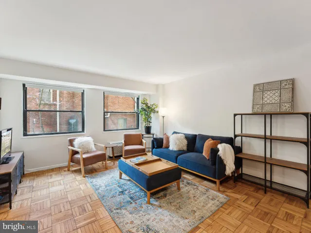 a living room with furniture rug and window