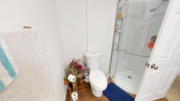 a bathroom with a toilet and a shower