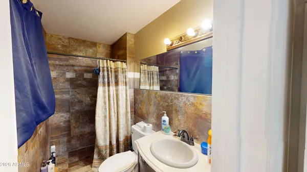 a bathroom with a sink toilet and shower