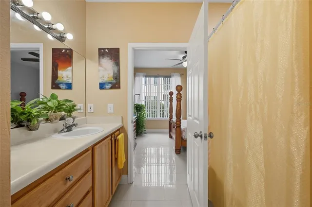 a bathroom with a sink a mirror and a shower curtain