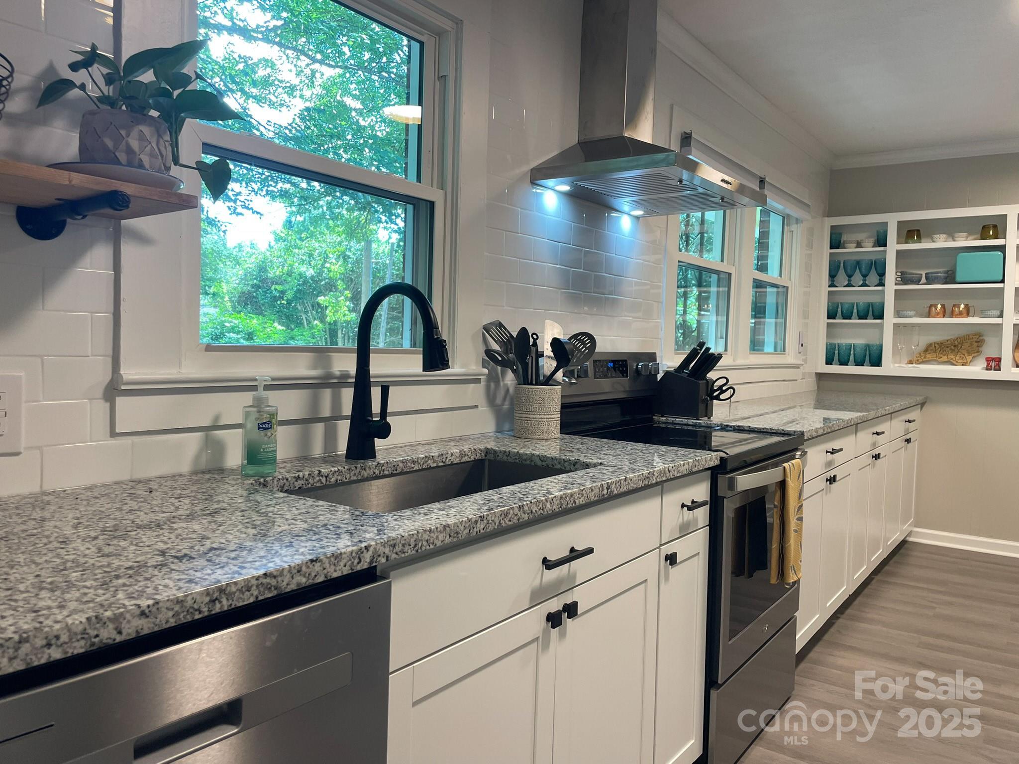 107 Byrd Street Morganton, NC 28655 - Photo 5 of 46 a kitchen with stainless steel appliances granite countertop a sink a counter space and windows