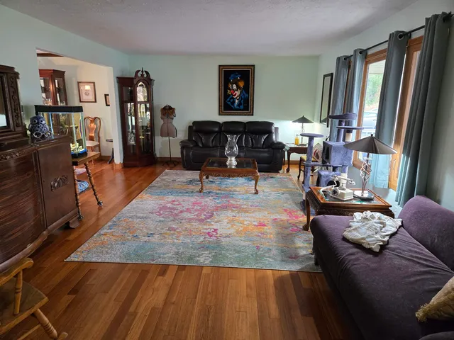 a view of a dining room with furniture