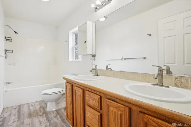 a bathroom with a sink a toilet and a large mirror