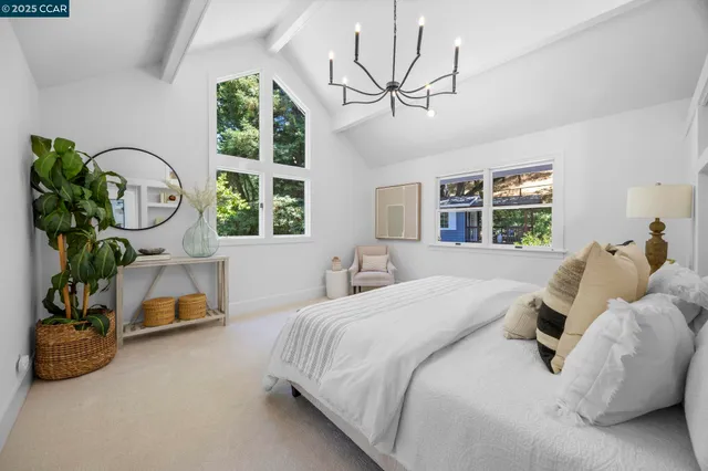 a bedroom with a bed furniture a chandelier and a potted plant