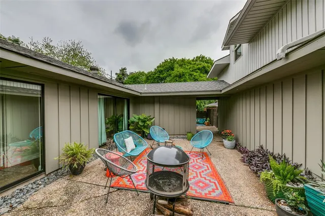 an outdoor view with patio