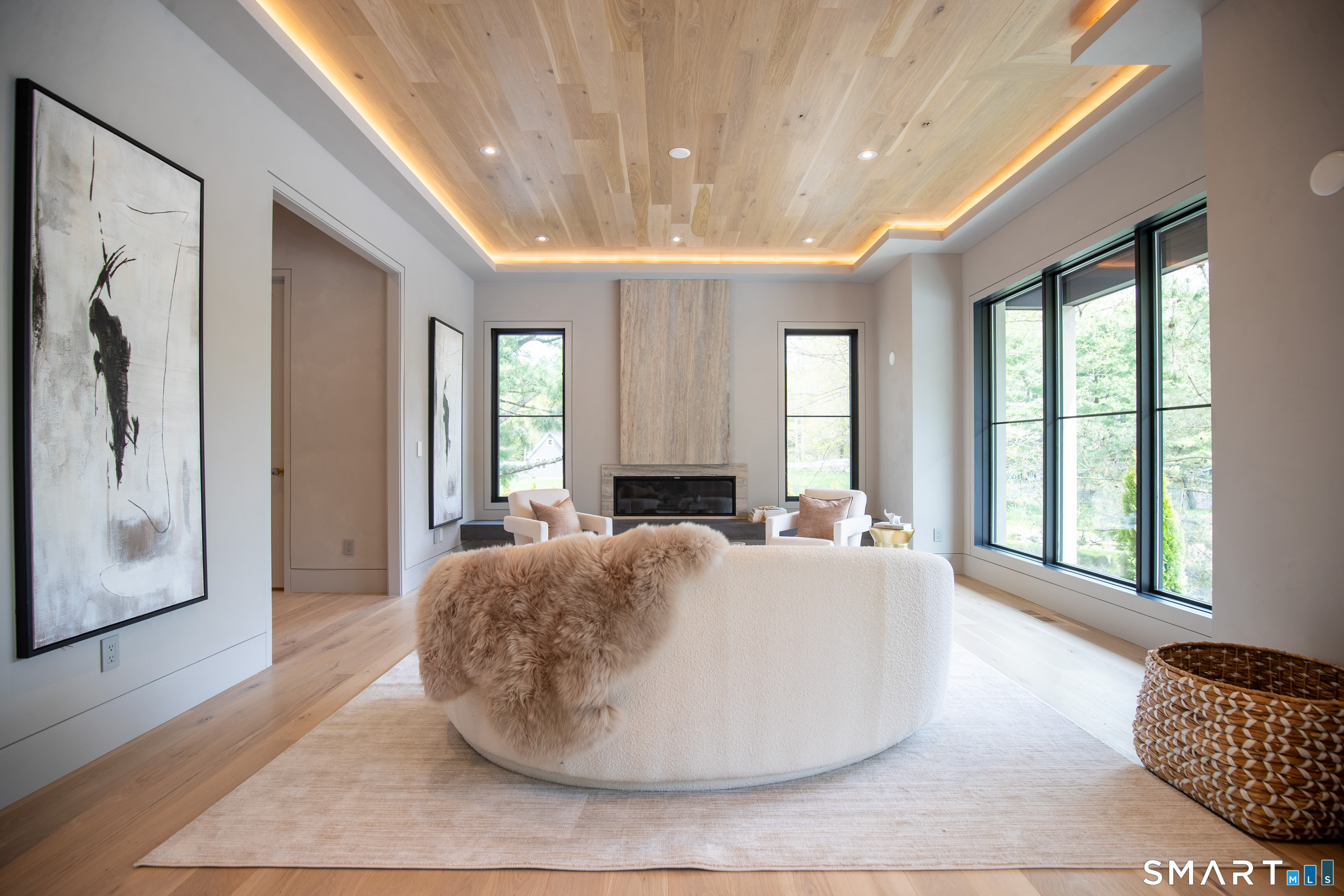 259 Frogtown Road New Canaan, CT 06840 - Photo 8 of 39 White oak ceiling and grand oversized windows to embrace your private koi pond view.