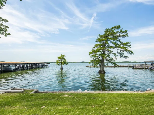 a view of a lake with houses in the back