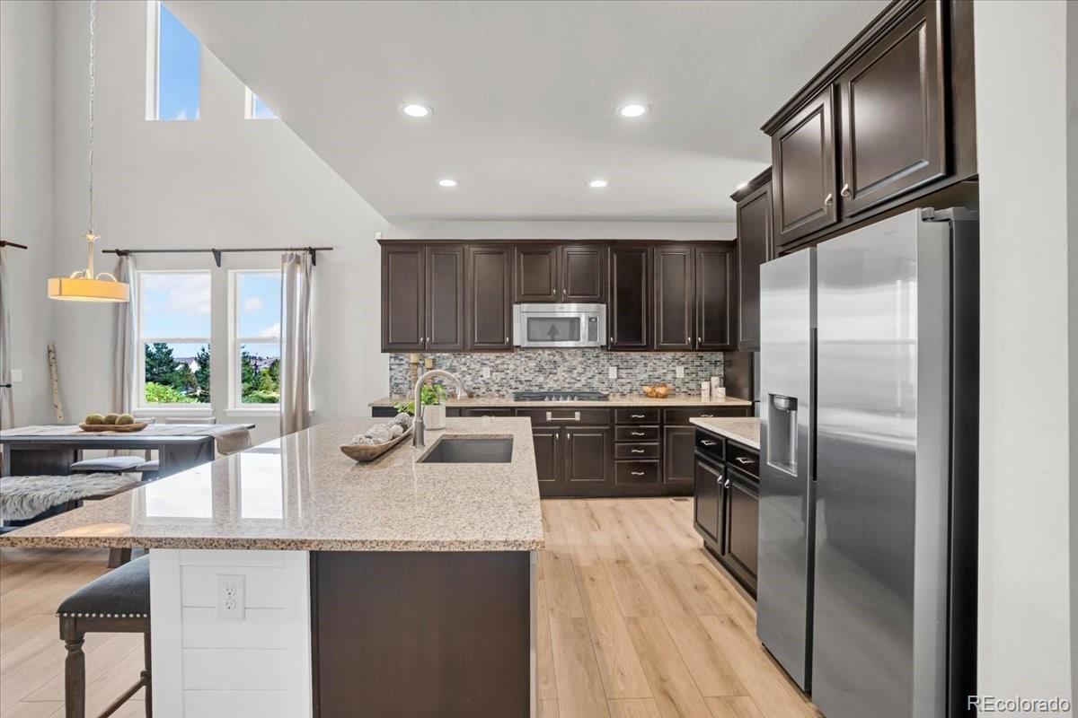 1767 Ghost Dance Circle Castle Rock, CO 80108 - Photo 11 of 48 a kitchen with stainless steel appliances granite countertop a refrigerator a sink a stove and a wooden cabinets