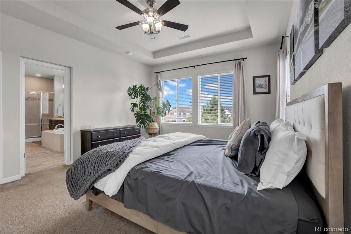 1767 Ghost Dance Circle Castle Rock, CO 80108 - Photo 18 of 48 a bedroom with a bed and a large mirror