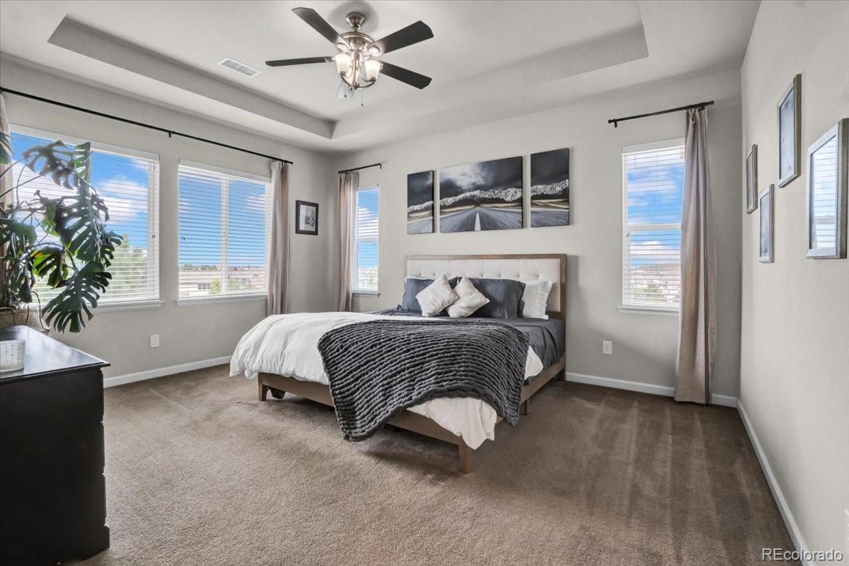 1767 Ghost Dance Circle Castle Rock, CO 80108 - Photo 3 of 48 a bedroom with a large bed and a chandelier