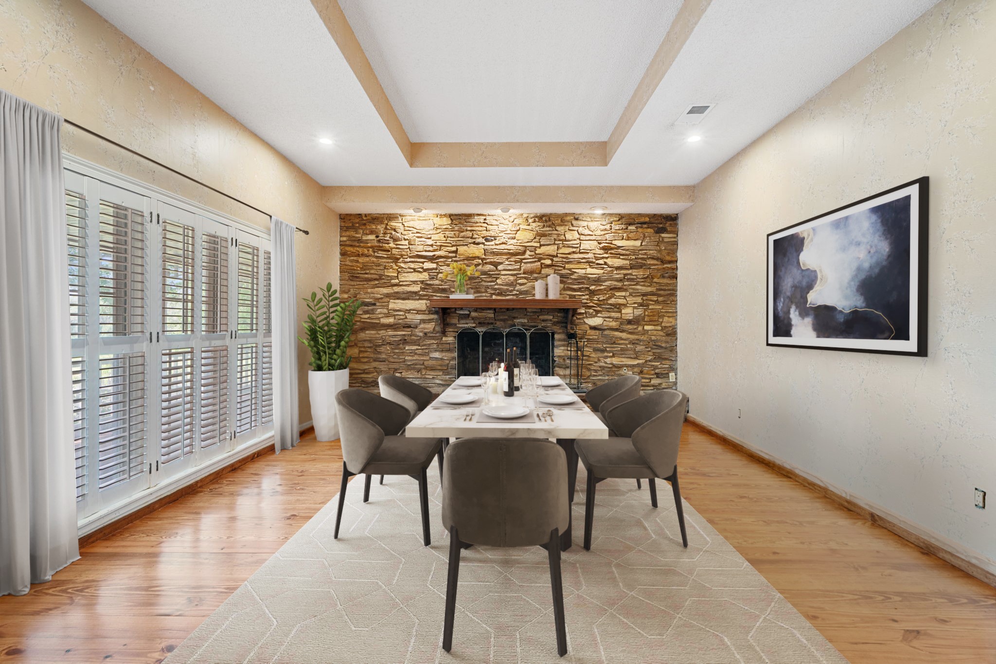 3541 Highway 159 La Grange, TX 78945 - Photo 16 of 45 Virtually Staged: Dine with style in this lovely dining room! It features a gorgeous brick accent fireplace, a tray ceiling, and wood floors.