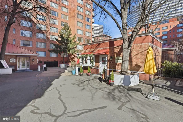 a view of a building with a snow