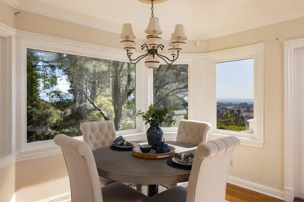 a view of a dining room with furniture wooden floor and chandelier