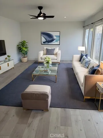 a living room with furniture potted plant and a window