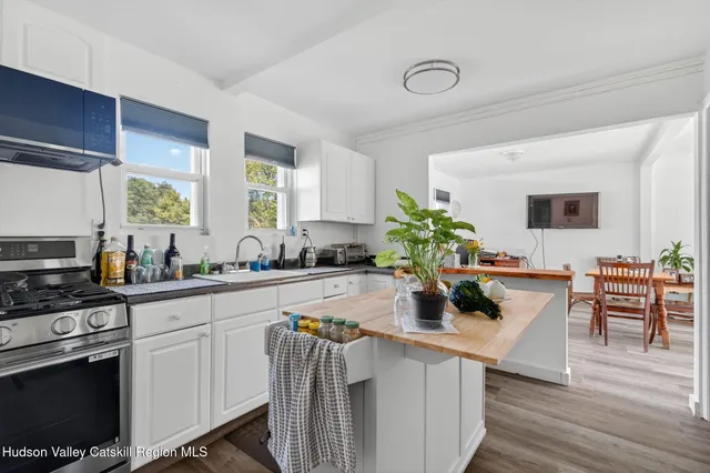 a dining room with furniture and a potted plant
