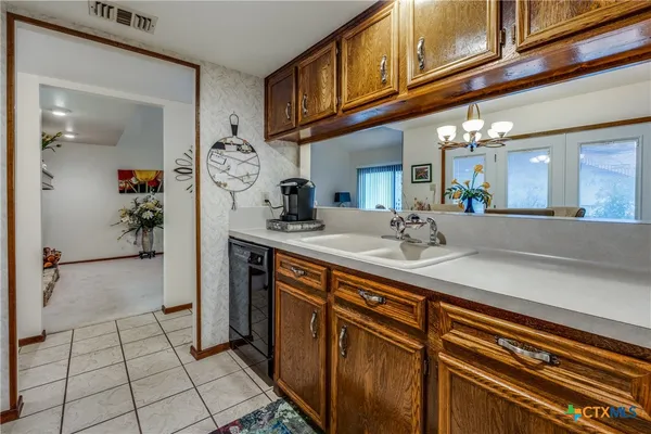 a bathroom with a sink a mirror and a shower
