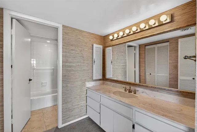 a bathroom with a sink and a mirror