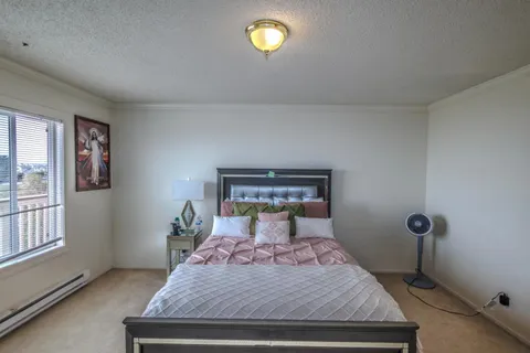 a bedroom with furniture and a large window