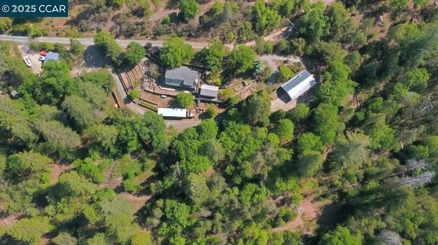 an aerial view of residential house with outdoor space and trees all around