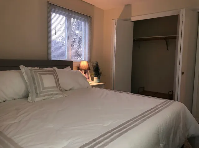 a bedroom with a bed and a window