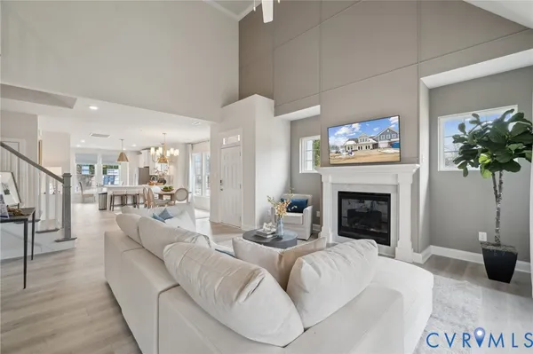 a living room with furniture a fireplace and a potted plant