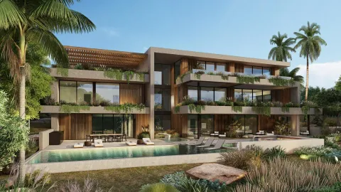 a front view of a house with swimming pool and porch