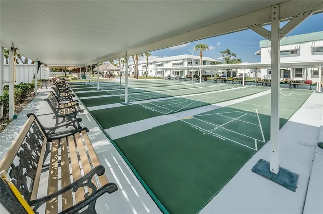 a view of a swimming pool with lawn chairs and plants