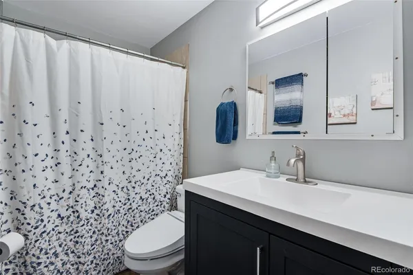 a bathroom with a sink a toilet a mirror and shower curtain
