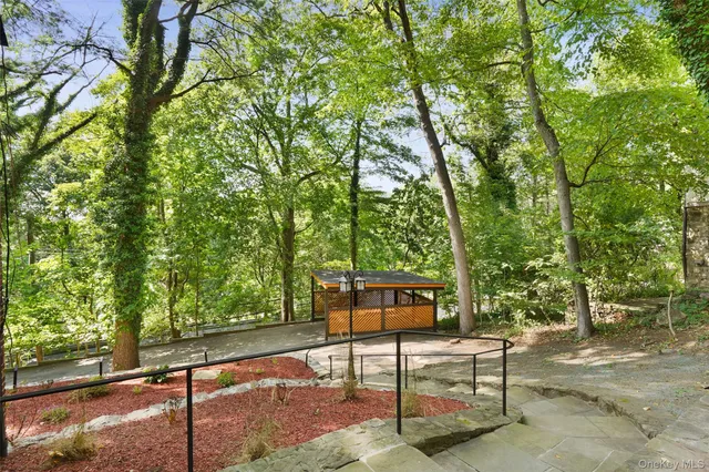 a backyard of a house with table and chairs
