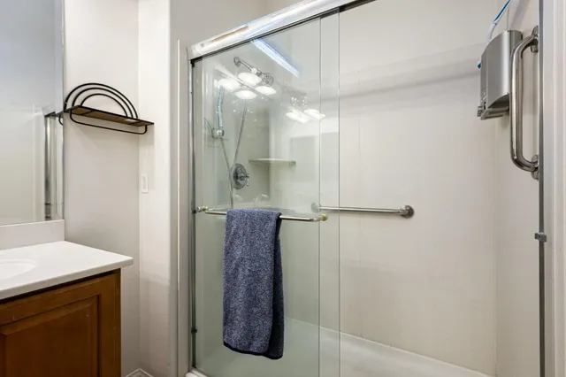 a bathroom with a shower and a sink