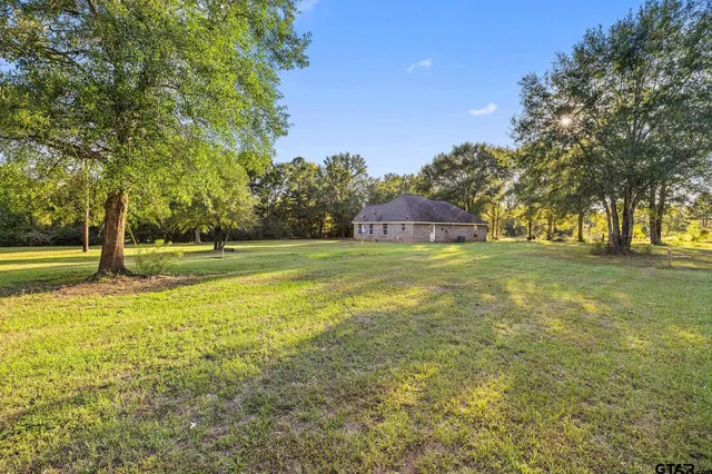 a view of a field with trees in the background