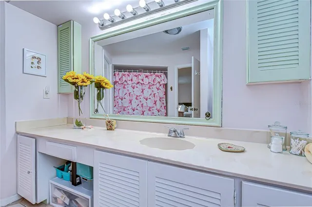 a bathroom with a sink and a mirror