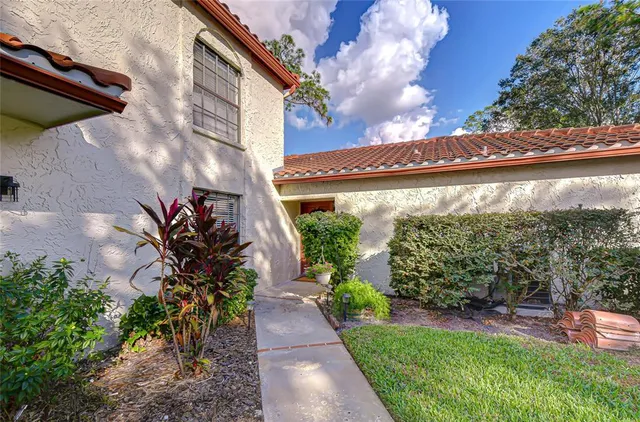 a view of a back yard from a patio