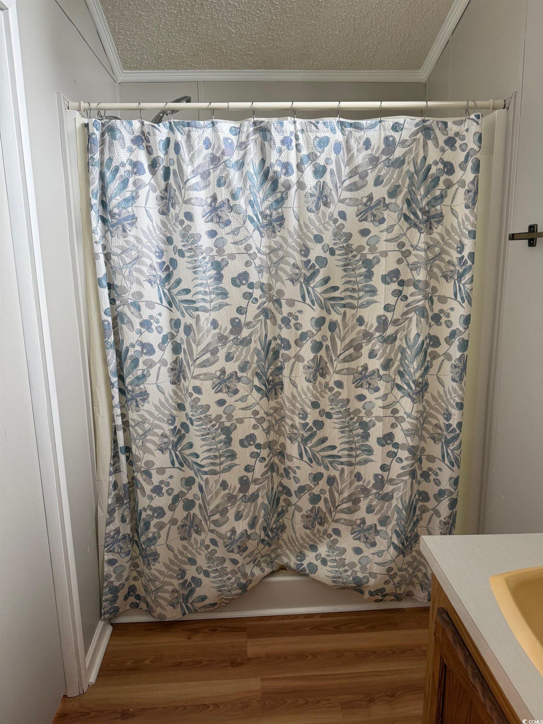 159 Crooked Island Circle Murrells Inlet, SC 29576 - Photo 17 of 20 Bathroom with light wood finished floors, vanity, ornamental molding, curtained shower, and a textured ceiling