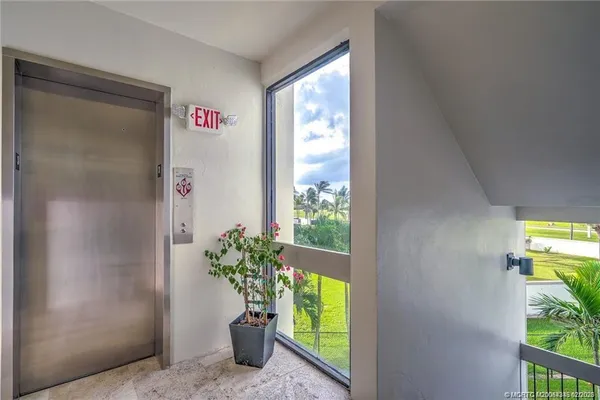 a view of a hallway with wooden floor and a potted plant