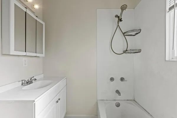 a bathroom with a sink a vanity and shower