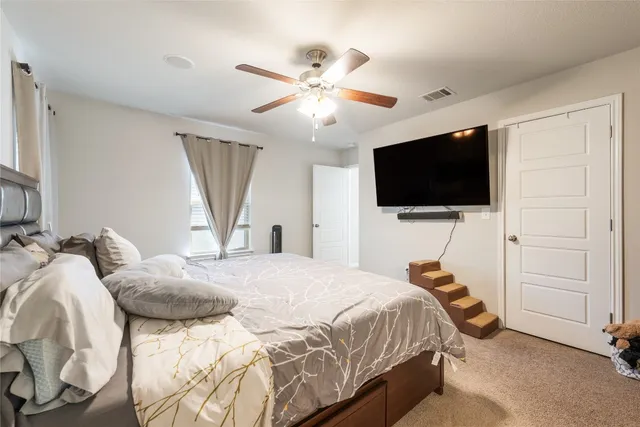 a bedroom with a bed and ceiling fan