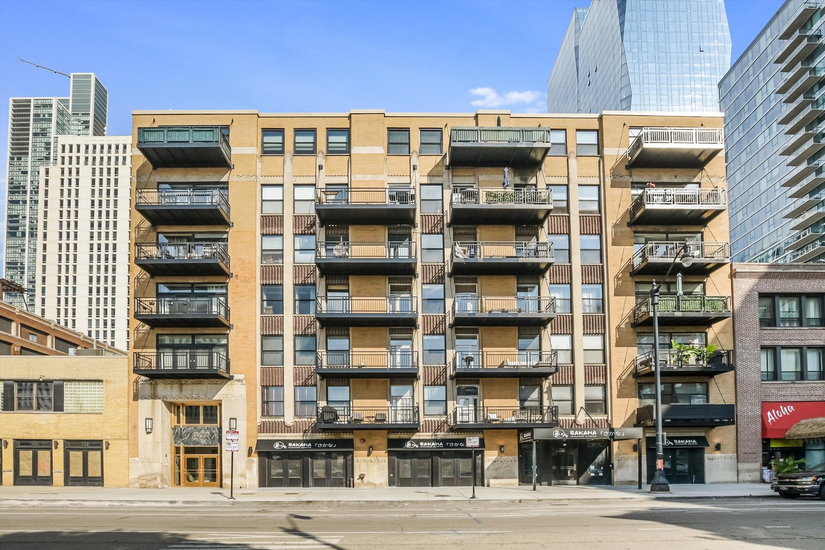 a front view of a multi story building