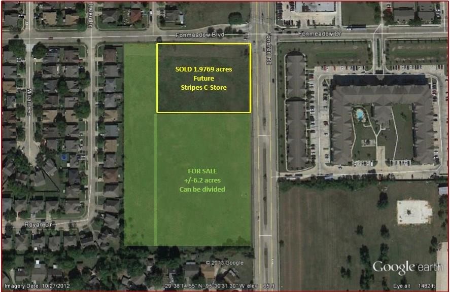 12800 Fondren Road Houston, TX 77071 - Photo 1 of 3 This aerial photo shows a plot of land for sale, approximately 6.2 acres, which can be divided. It's located near a residential area with easy access to main roads. There's a note indicating a future convenience store on an adjacent sold property.