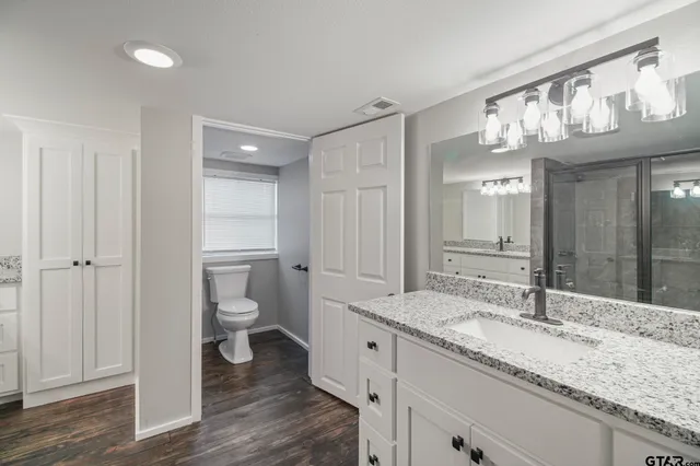 a bathroom with a granite countertop sink and a mirror