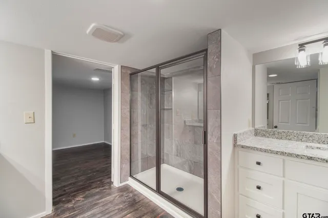 a bathroom with a shower and a sink