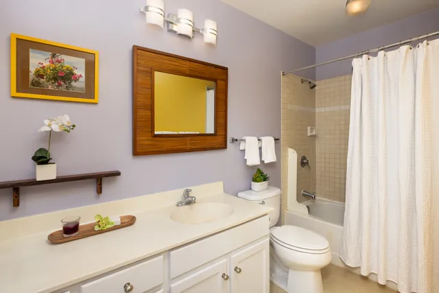 a bathroom with a sink vanity granite and toilet